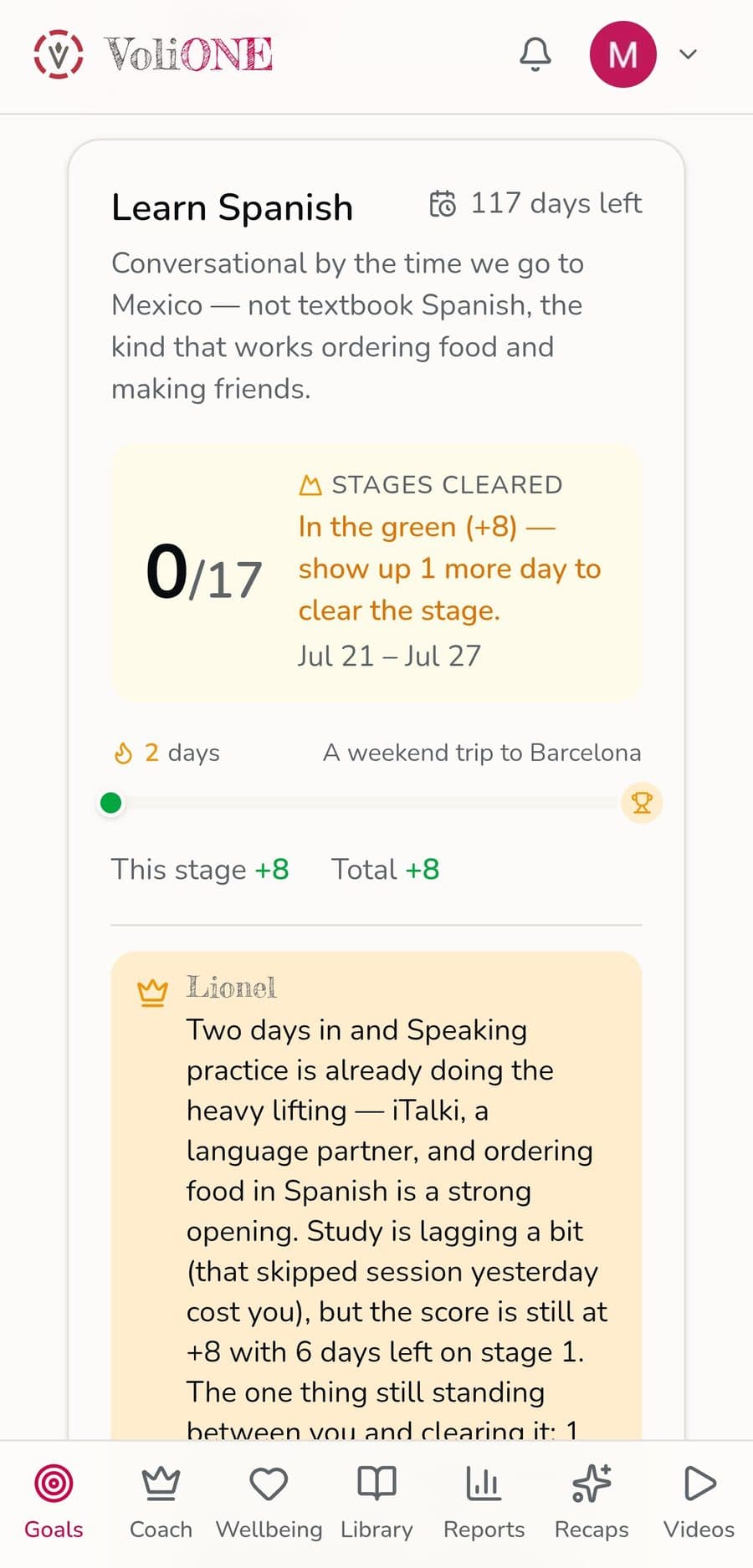 VoliONE goal detail screen showing stages cleared, streak, and Lionel's coaching message
