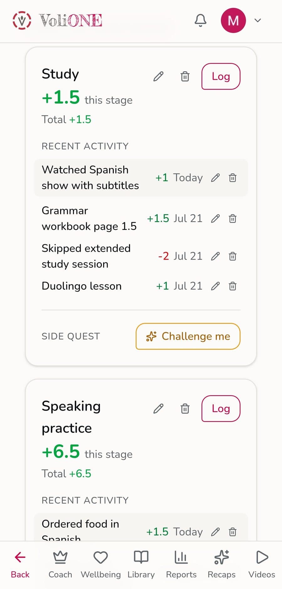 Path cards showing logged activities with their score impact