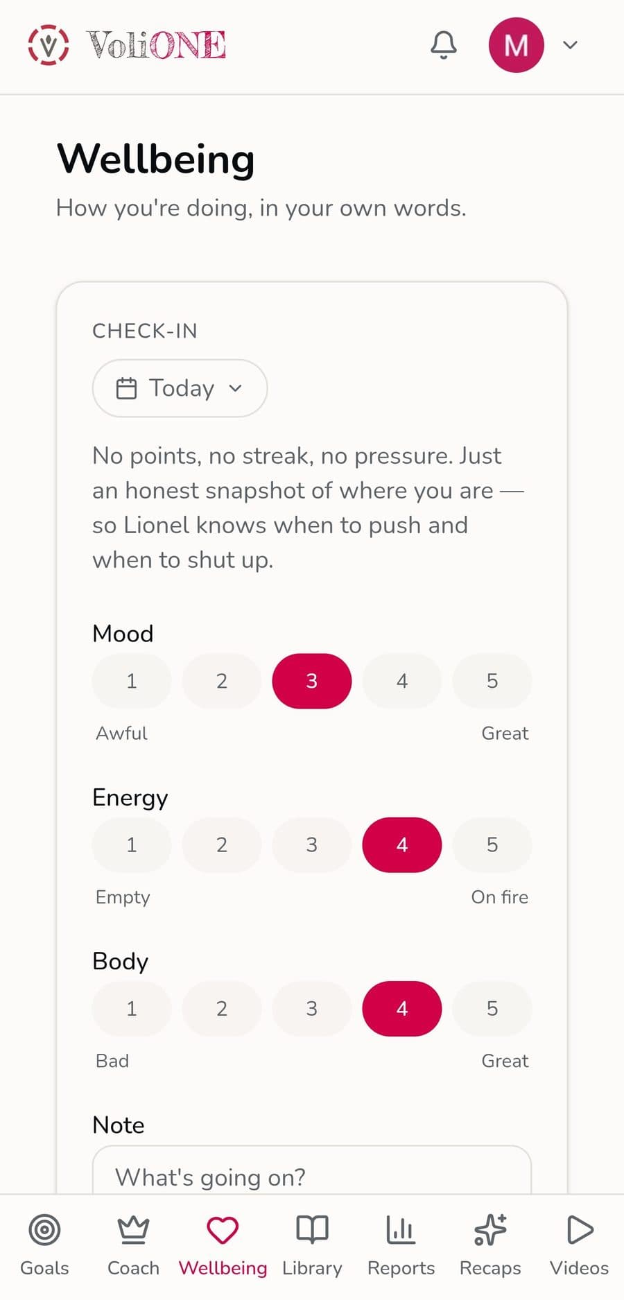 Daily wellbeing check-in screen with mood, energy, and body scales